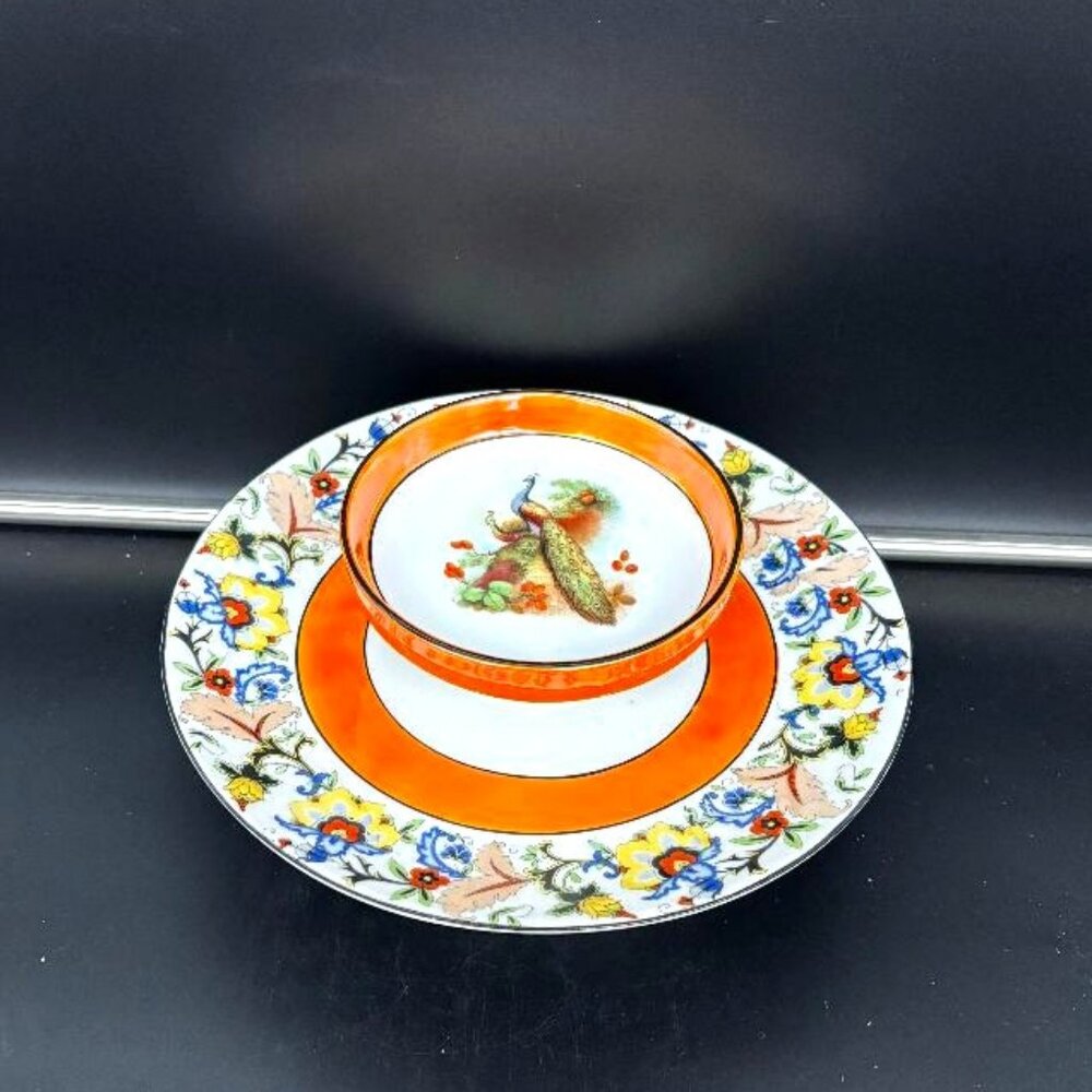RARE Antique Prov Saxe ES Germany Porcelain Lusterware Peacock Serving Platter 9